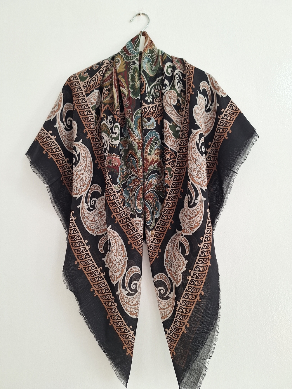 NWT Talbots  Wool Black Paisley Wrap with Brown and Cream Accents
